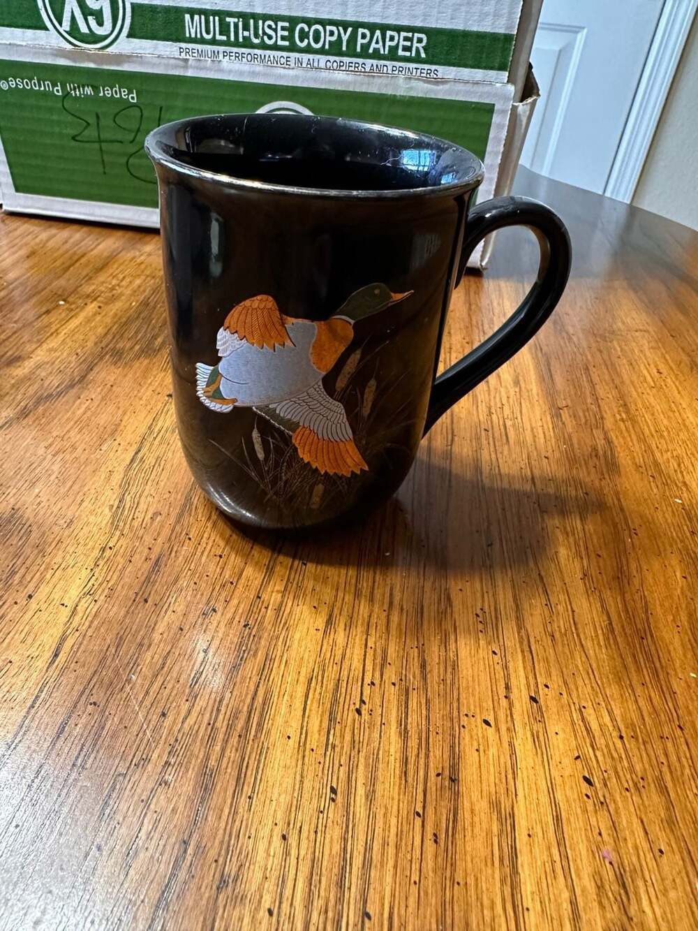 Vintage Otagiri Japan Flying Mallard Duck Mug. Black gold gilt. Waterfowl.